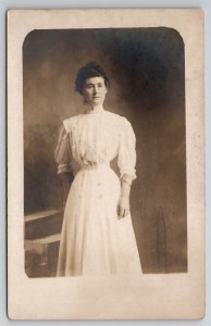 RPPC Victorian Woman Lace Dress Tiny Waist Star on High Collar Postcard I23