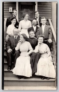 Pretty Edwardian Ladies and Handsome Men on Steps for Photo RPPC Postcard L41