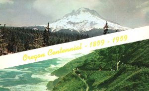 Oregon OR, Centennial Mountain 1859 - 1959, Trees & Wavy Sea, Vintage Postcard