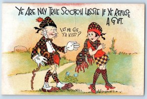 Risque Humor Postcard Scottish Old Man Let Me Gie Y'a Kiss c1930's Vintage