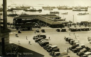 singapore, Johnston's Pier, Bus Cars, Ships (1910s) RPPC Postcard