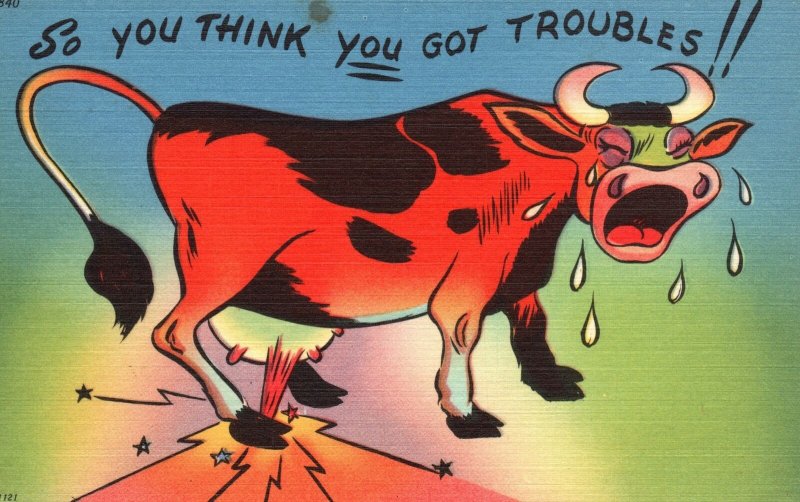 Vintage Postcard 1930's So You Think you Got Troubles! Cow Funny Comic Card