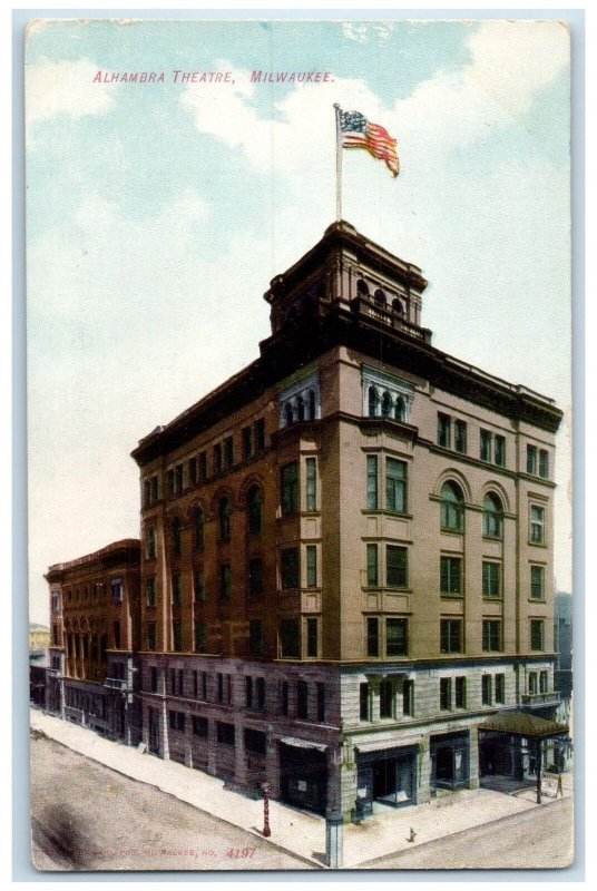 c1910's Alhambra Theatre Exterior Roadside Flag Milwaukee Wisconsin WI Postcard