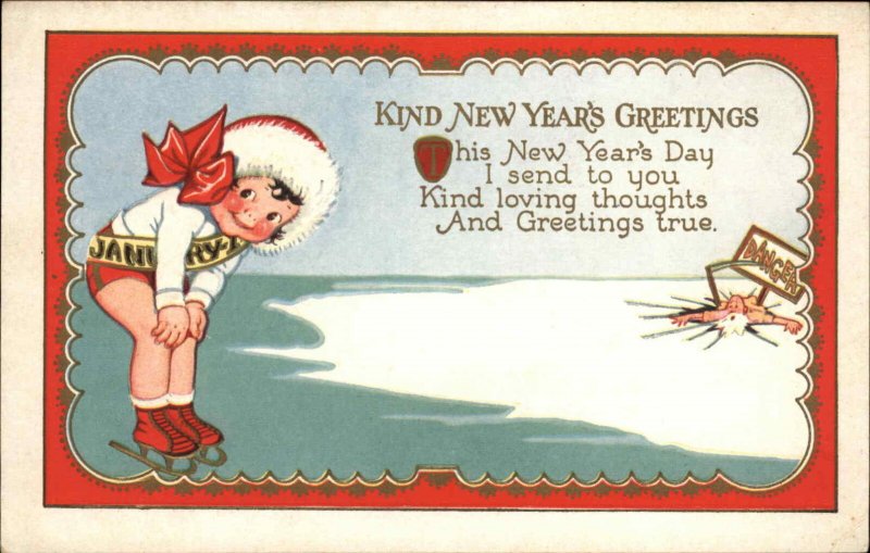 Baby New Year Laughs as Father Time Falls Through Ice Vintage Postcard