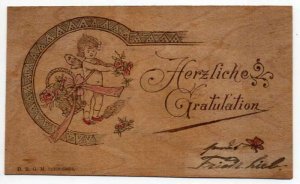 German Greetings Fairy with Flowers Wooden Vintage Postcard AA10729