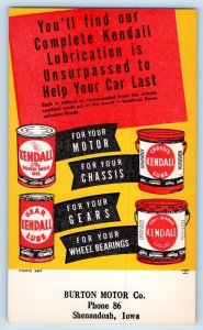 Shenandoah Iowa Postcard Burton Motor Co. Kenall Can Lube c1940 Vintage Antique