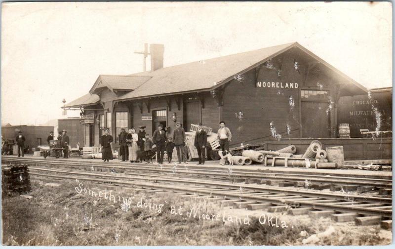 RPPC MOORELAND, OK Oklahoma   RAILROAD DEPOT  People Posing  c1910s  Postcard