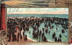 Vintage Postcard 1910's Beach Merry Crowd The Arrival Framed Souvenir