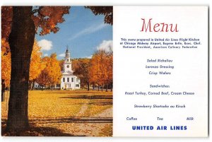 UNITED AIR LINES MENU New England Church in Fall 1940s Vintage Postcard
