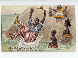 264911 African American Kids Man US FLAG by FG LEWIN vintage PC