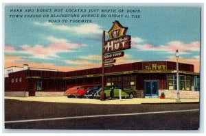 1952 Herb & Dodes Hut Good Food Cocktail Coffee Shop Fresno CA Vintage Postcard