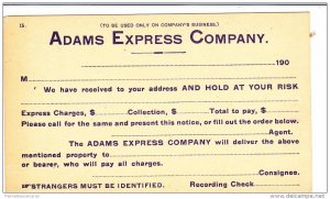 Order Notification Card, Adams Express Co., Baltimore, Maryland, Pre-1907