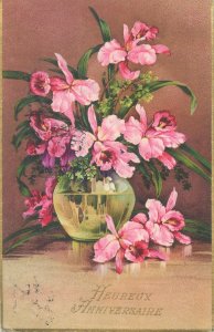 Postcard Greetings Heureuse anniversaire flower vase