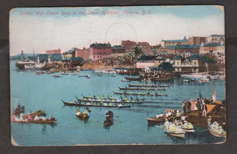 Indian War Canoe Race, Inner Harbour, Victoria - Used 1910 - Corner & Edge Wear