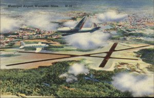 Worcester Massachusetts MA Municipal Airport Linen Vintage Postcard