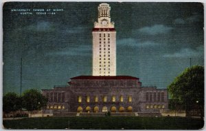 Austin Texas TX, 1951 University Tower Building at Night, Vintage Postcard