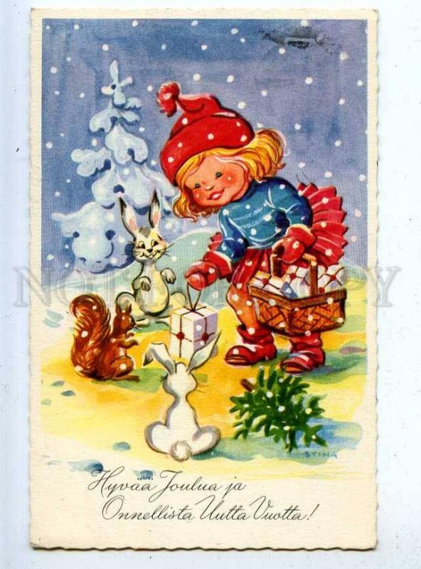 202800 GNOME Girl HARE SQUIRREL by STINA old Color postcard