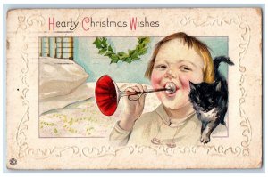 1916 Christmas Little Boy Trumpet Black Cat Holly Leaf Embossed Antique Postcard