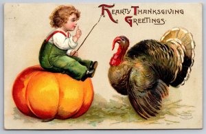 Clapsaddle Thanksgiving~Farm Boy Sits On Pumpkin~Talks to Turkey~Carries Stick