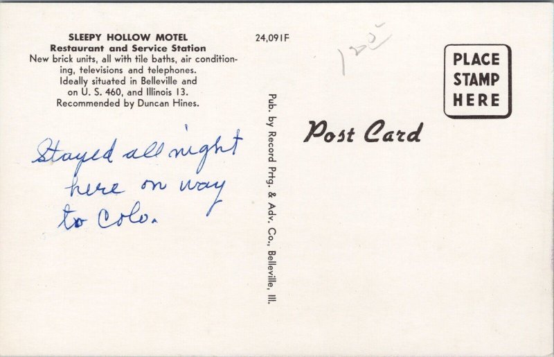 Sleepy Hollow Motel Restaurant and Service Station Belleville IL Postcard PC462