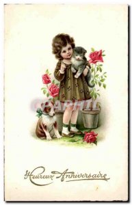 Old Postcard Fun Children Cat and Dog