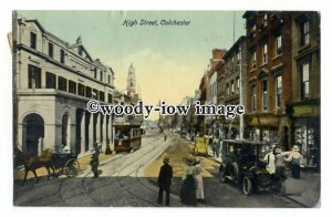 tq2678 - Essex - Tram & Car on the High Street c1915, in Colchester - Postcard