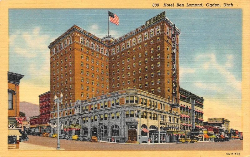 Ogden, UT Utah   HOTEL BEN LOMOND & Street Scene  ca1940's Linen Postcard