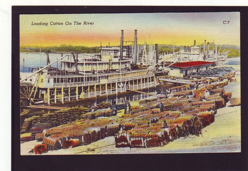 P1585 vintage unused postcard harbor ship loading cotton on the river