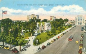 Long Beach, CA Lincoln Park & Civic Center Linen Postcard  Old Cars, Trolley
