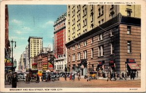 Vtg New York City NY Broadway and 42nd Street View 1930s Linen Postcard