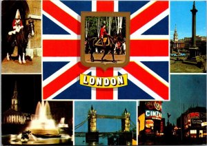 VINTAGE CONTINENTAL SIZE POSTCARD LONDON UNION JACK AND IMAGES 1983