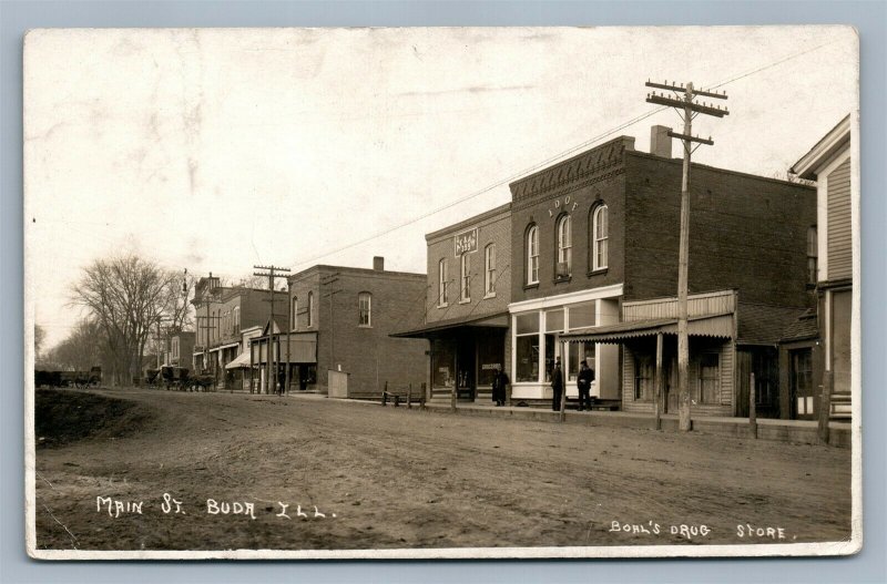 BUDA IL MAIN STREET BOAL'S DRUG STORE ANTIQUE REAL PHOTO POSTCARD RPPC