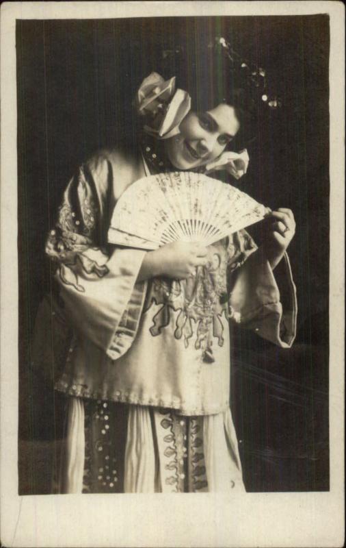 White Woman Geisha Costume Fan Kimono c1910 Real Photo Postcard