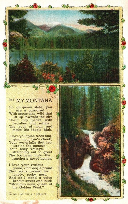 Vintage Postcard 1940's My Montana Poem Gorgeous State Mountains Gardens