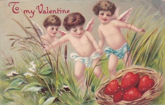 Valentine's Day Cupids Finding Basket Of Hearts 1911