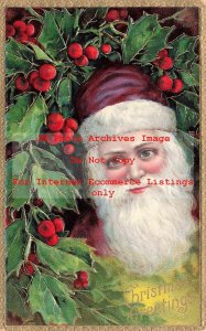 Christmas, Unknown No 1480-4, Purple Hat Santa Amongst Holly & Berries