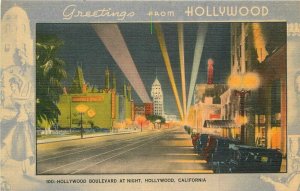 Hollywood California Boulevard Night Autos Gardner Thompson Postcard 21-11520