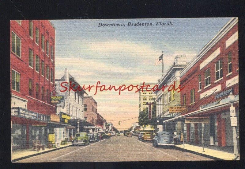 BRADENTON FLORIDA DOWNTOWN MAIN STREET SCENE VINTAGE LINEN POSTCARD CARS