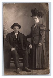 Vintage 1910's RPPC Postcard Studio Portrait Couple Man Sitting Woman Standing