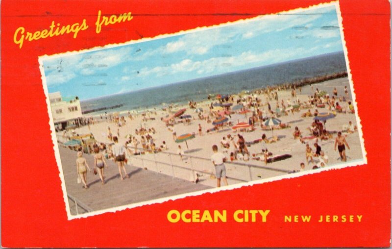 Postcard NJ Ocean City - Greetings From - Beach Scene with red border