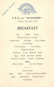 P&O RMS Rawalpindi Indian Ship Antique 1936 Breakfast Menu