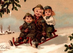 Christmas Postcard Children Sled Riding International Art Germany 5758 Undivided