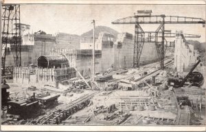 Postcard Construction of Pedro Miguel Twin Locks of the Panama Canal