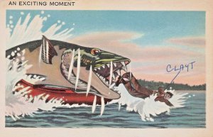 CANADA 1950s POSTMARK~AN EXCITING MOMENT-EXAGGERATED FISH ATTACKS MAN POSTCARD