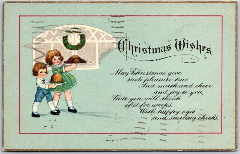 1925 Christmas Wishes, Two Baby Girls Holding Turkey Plate, Vintage Postcard