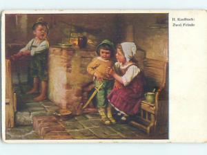 Pre-Linen signed KAULBACH - GIRL BESIDE BOY PLAYING WITH TOY SWORD HJ4358
