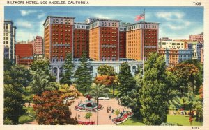 Vintage Postcard Biltmore Hotel Buildings U.S. Flag Los Angeles California CA