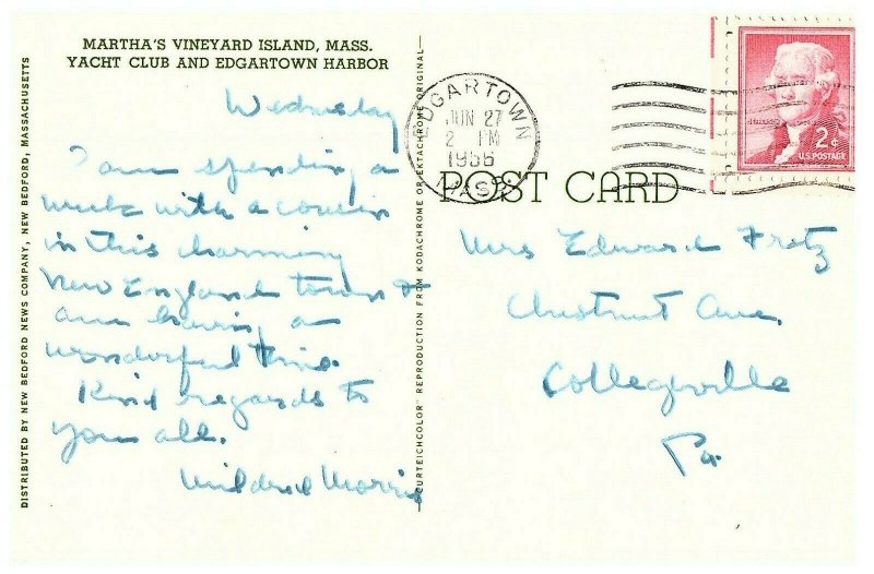 Martha's Vineyard Island Mass Yact Club & Edgardtown Harbor Postcard 1956