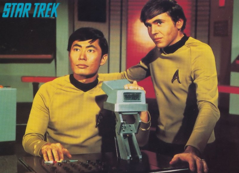 Misters Sulu Chekov George Takei on Star Trek Bridge Rare Postcard