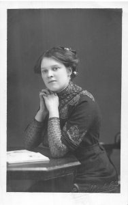 Vintage RPPC Portrait Young Woman Elaborate Dress Early British Postcard